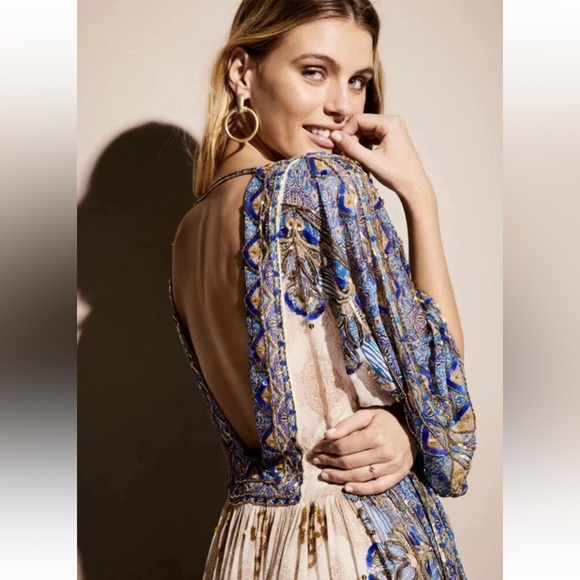 Free People One Day Dress Special Edition Blue Tan Chiffon Sz XS - Picture 2 of 9